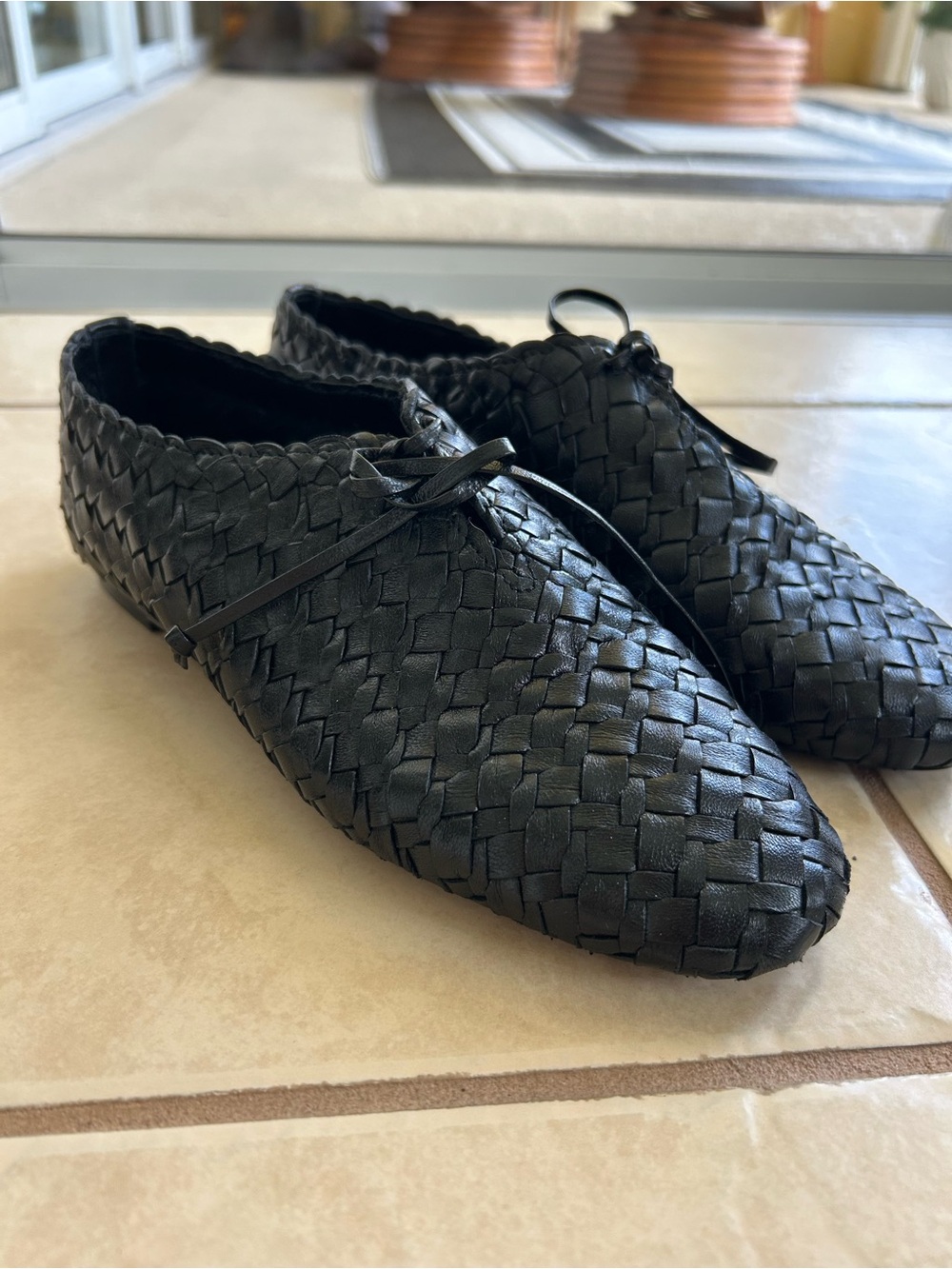 Massimo Dutti Black Woven Leather Slip-On Loafers